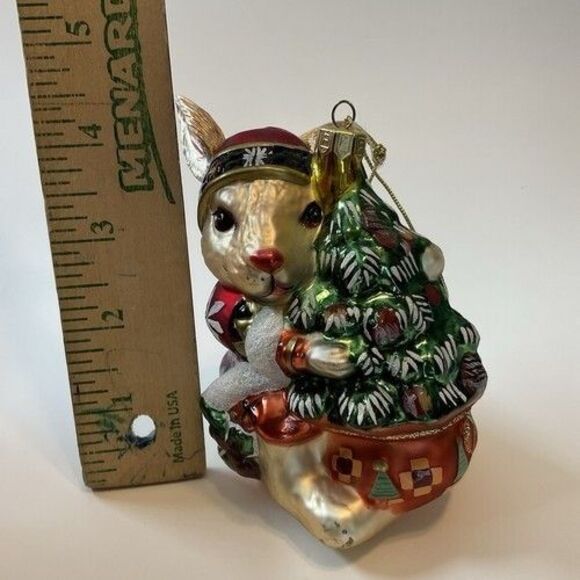 VTG Fitz and Floyd Blown Glass Ornament Lodge Rabbit Hugging Christmas Tree 4.5" - Picture 3 of 9